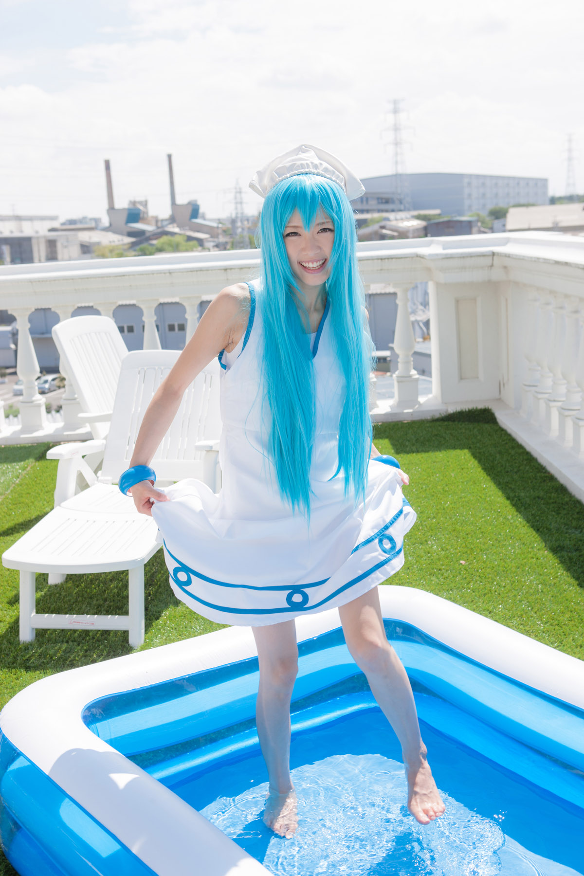 asian blue_hair breasts cosplay dress female hat long_hair outside pool solo water wet