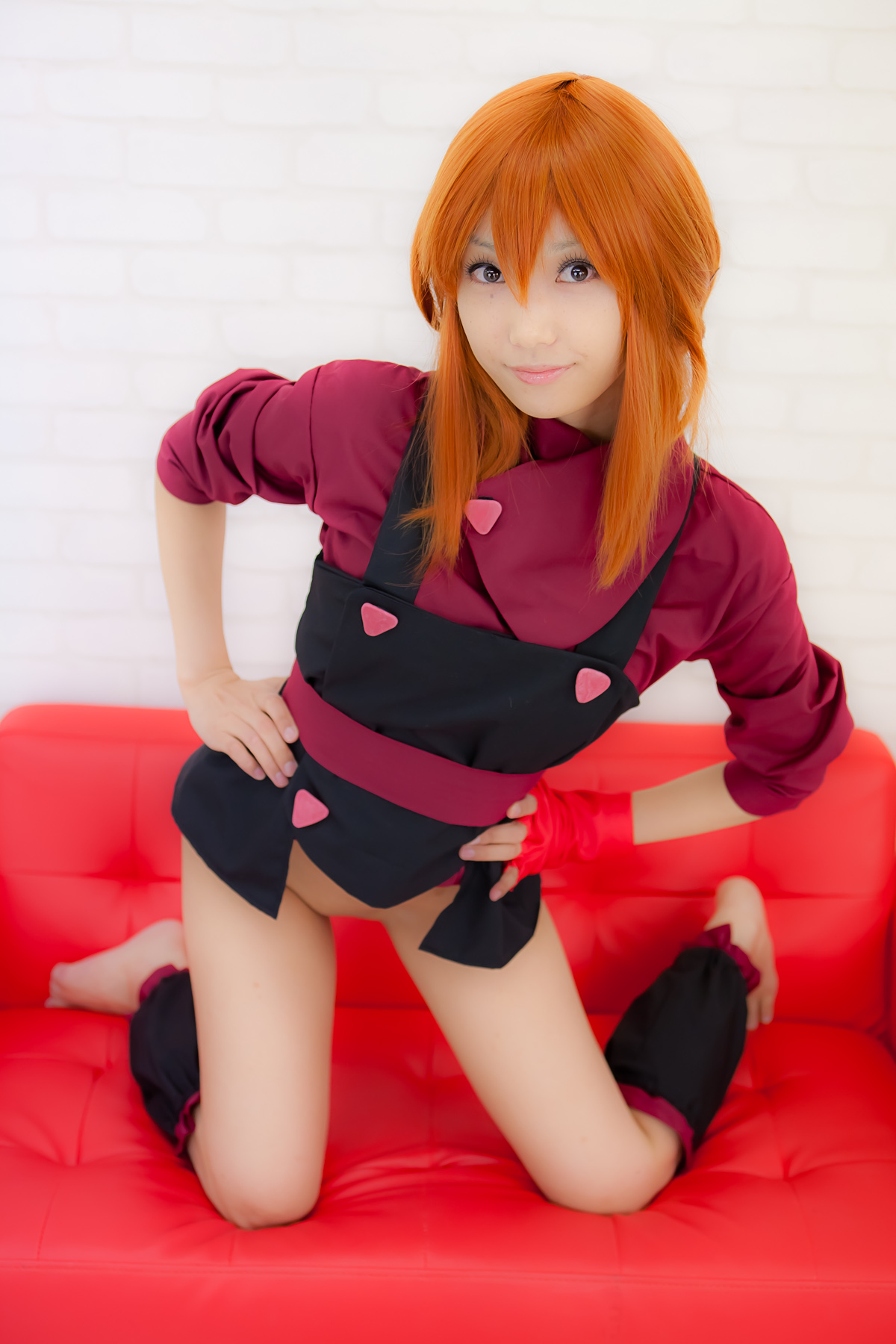 apron asian belt breasts cosplay female long_hair orange_hair sandals shoes solo