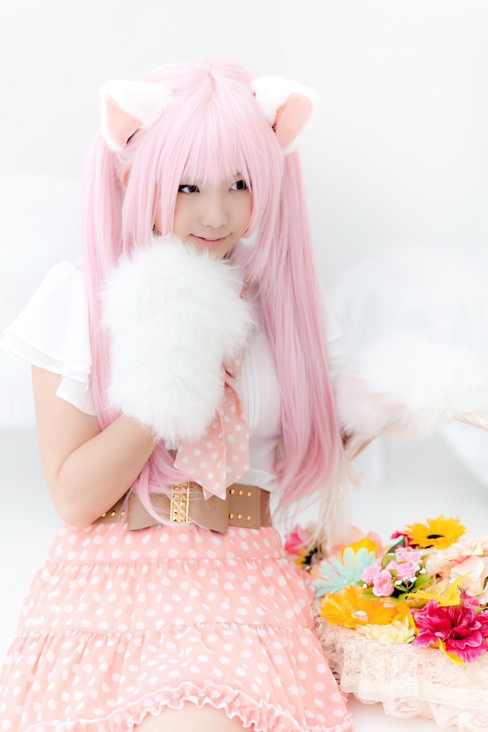 animal_ears asian breasts cosplay enako female long_hair pink_hair solo