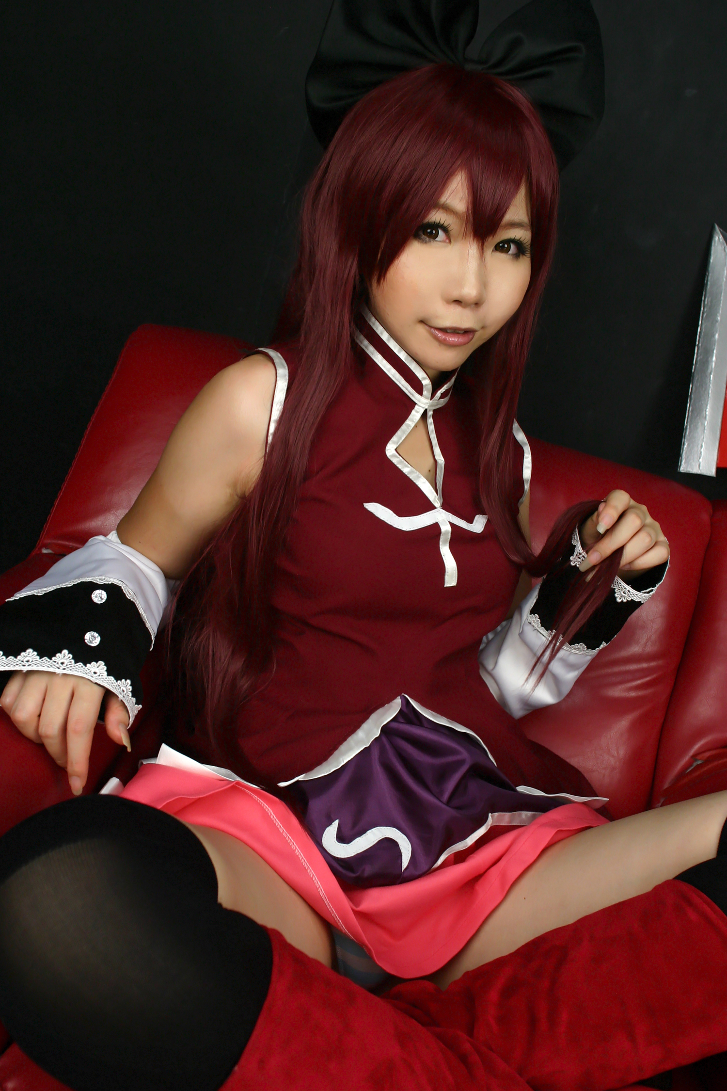 asian breasts cosplay female higurashi_rin long_hair red_hair solo watermark