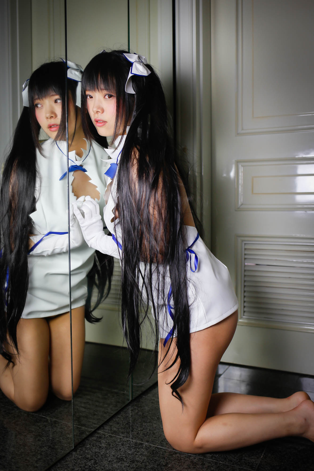 asian black_hair breasts cosplay female long_hair pigtails solo