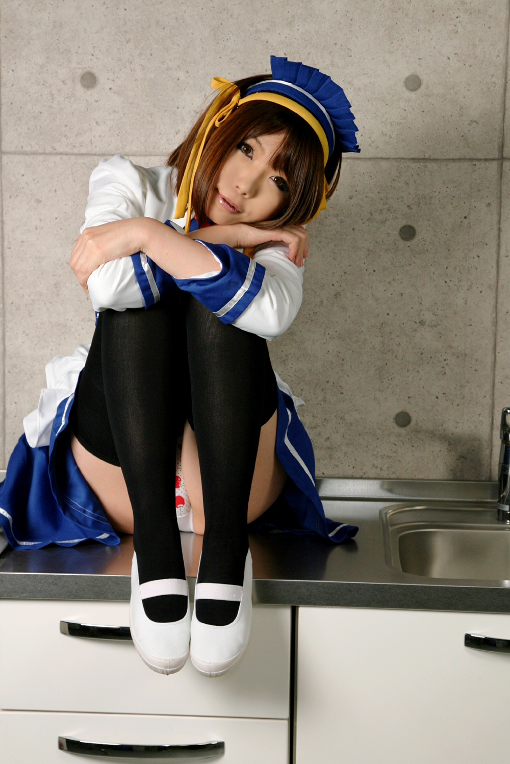apron asian breasts brown_hair cosplay female hairband kitchen panties shoes short_hair skirt solo thighhighs