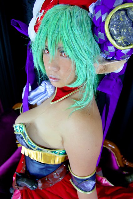 breasts chouzuki_maryou cosplay female green_hair huge_breasts long_hair pointy_ears snake solo watermark