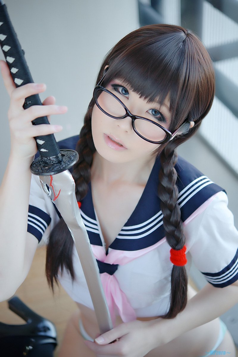 asian black_hair breasts cosplay female glasses haruka long_hair solo