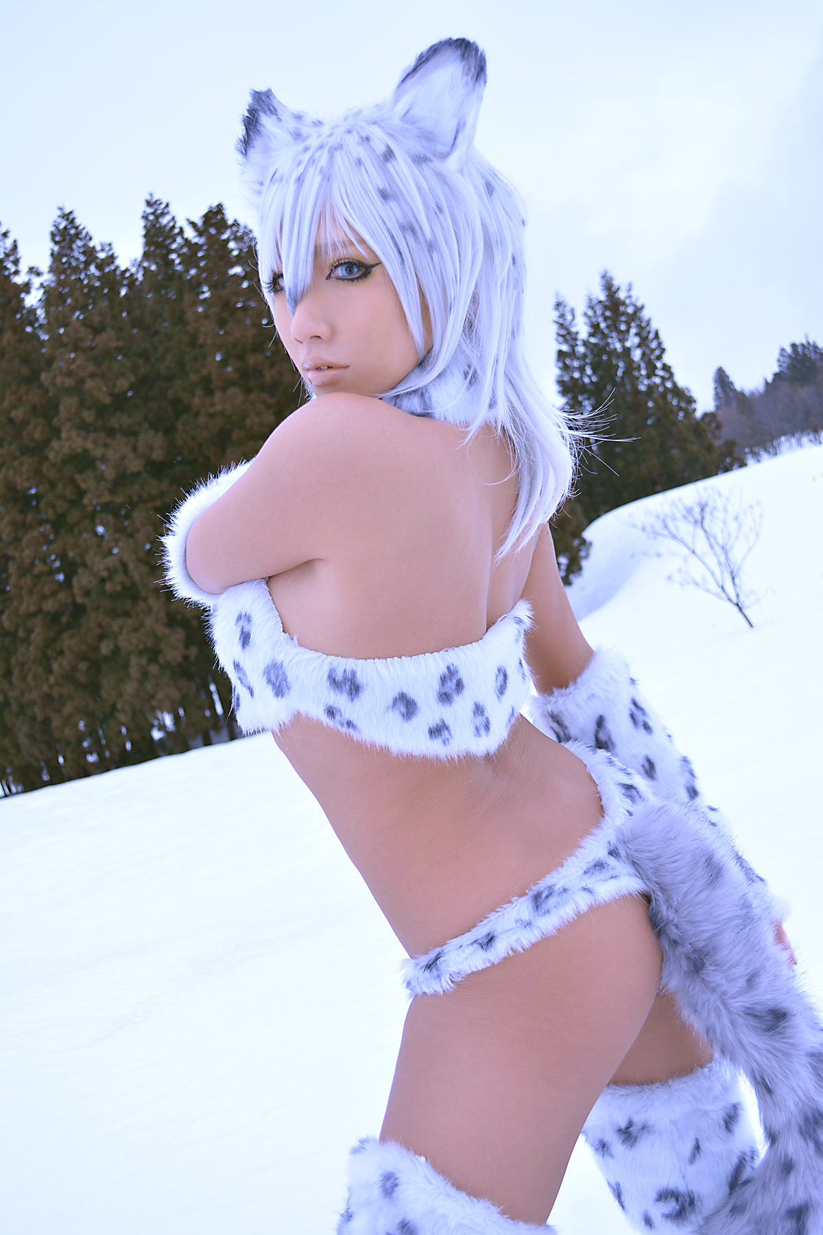 animal_ears asian ass boots bra breasts female gloves large_breasts long_hair looking_back midriff navel nonsummerjack outside panties purple_hair snow solo