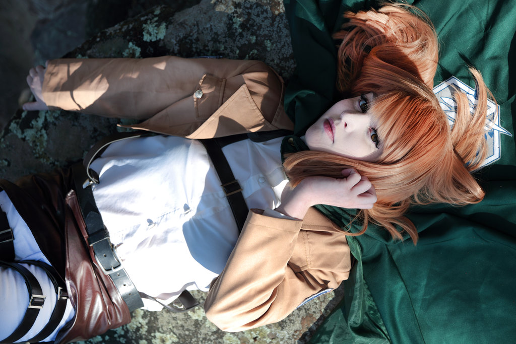 attack_on_titan breasts brown_hair cosplay female foxycosplay long_hair lying petra_ral solo tagme