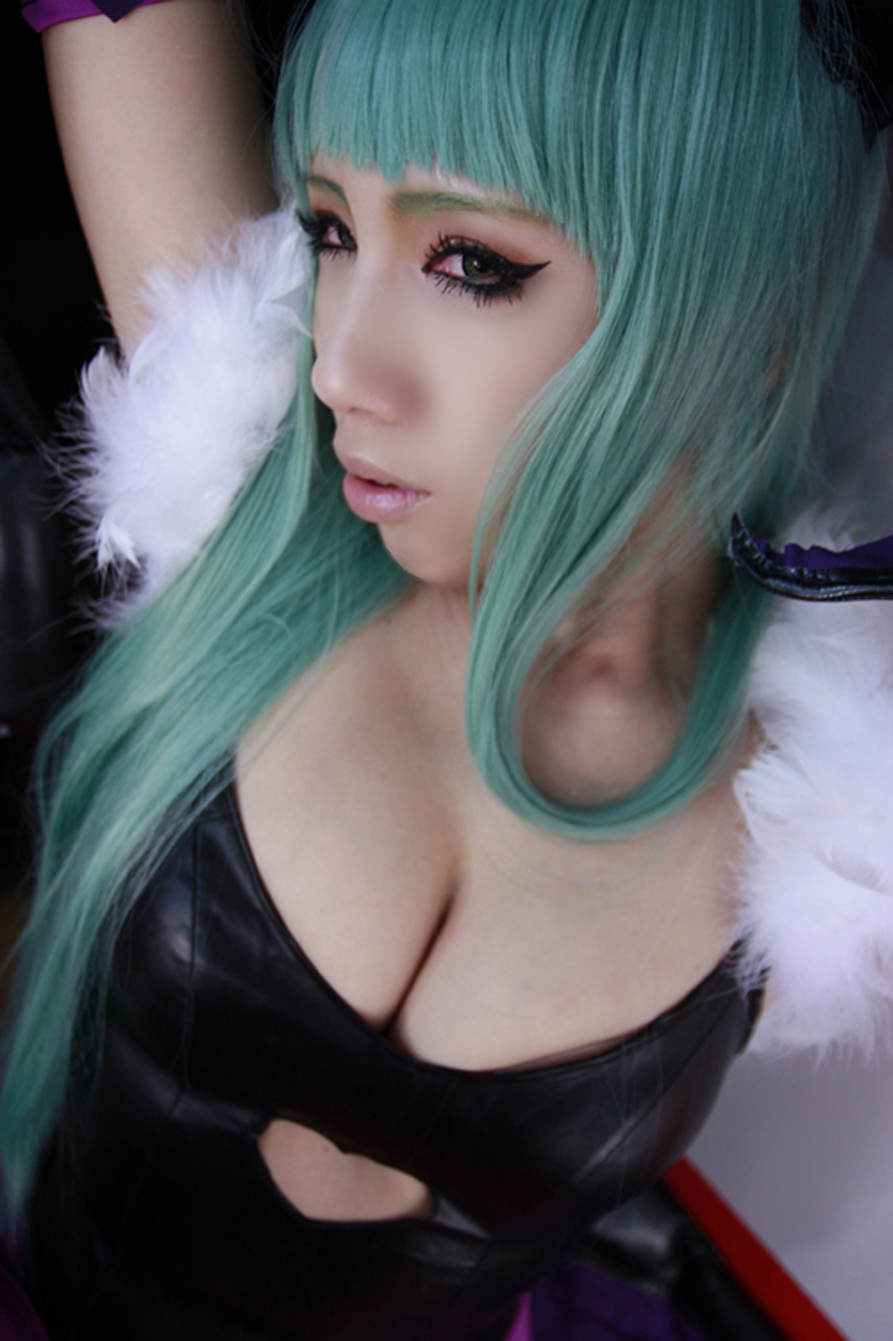 asian bare_shoulders breasts cleavage cosplay female green_hair large_breasts leotard long_hair nonsummerjack solo wings