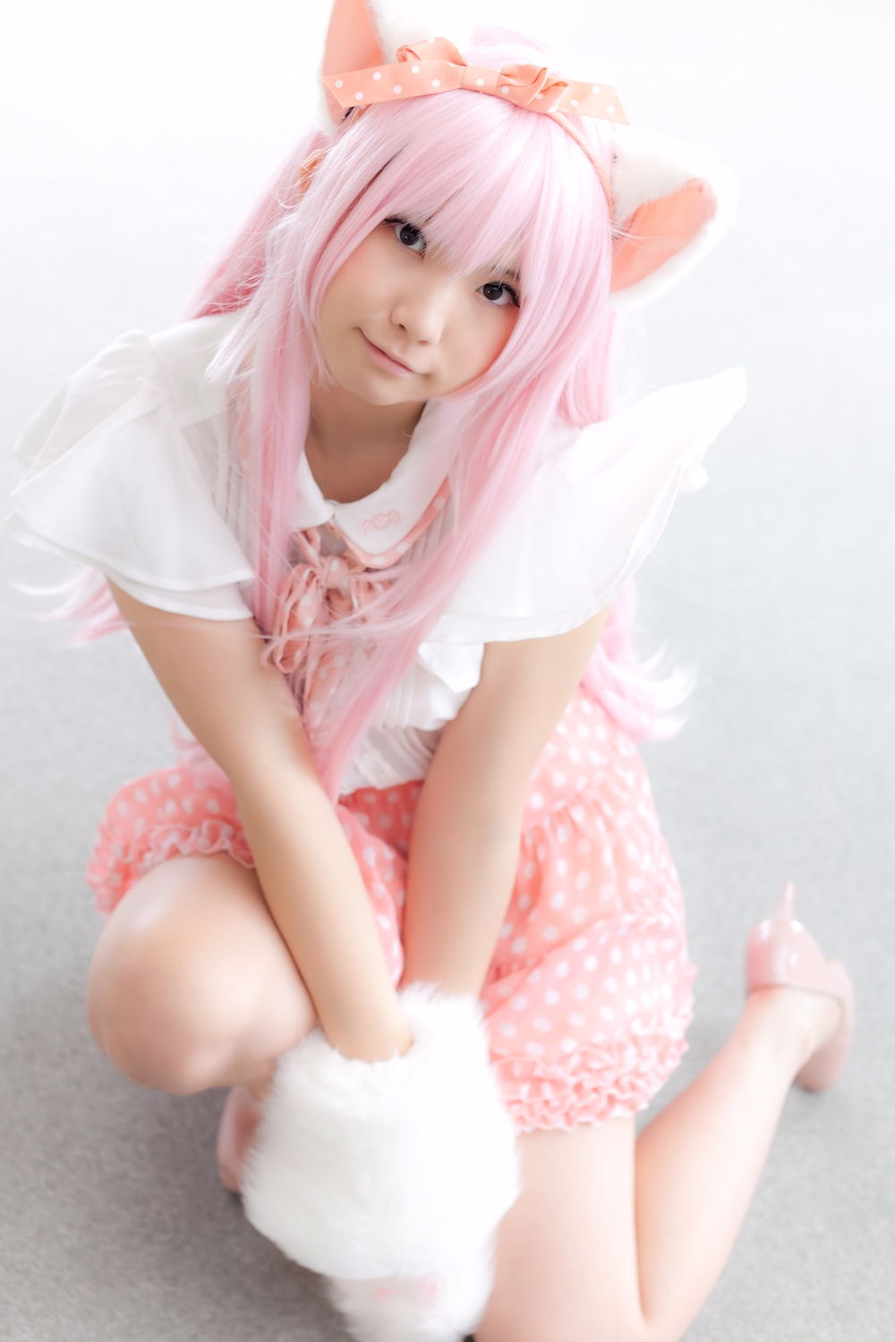 animal_ears asian breasts cosplay enako female long_hair pink_hair solo