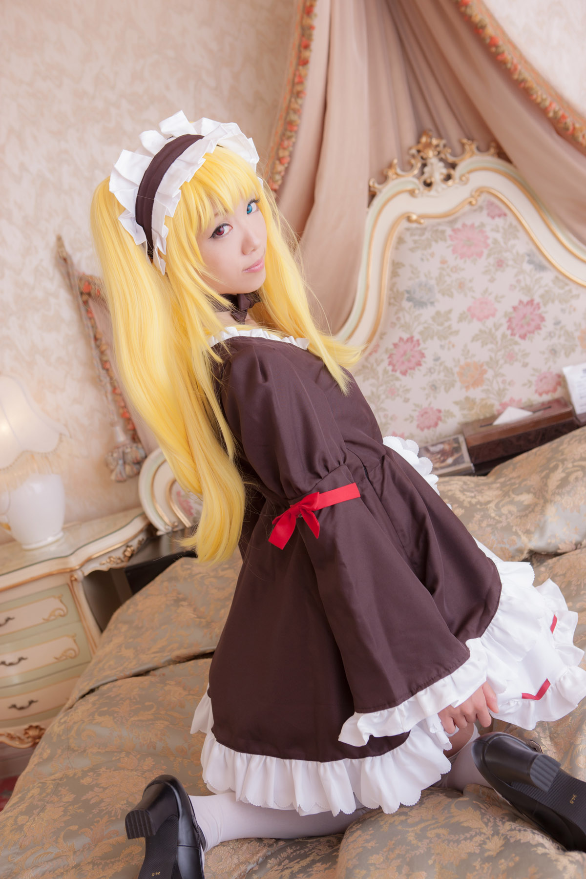 asian blonde_hair breasts cosplay dress female high_heels large_breasts long_hair shoes solo thighhighs twintails