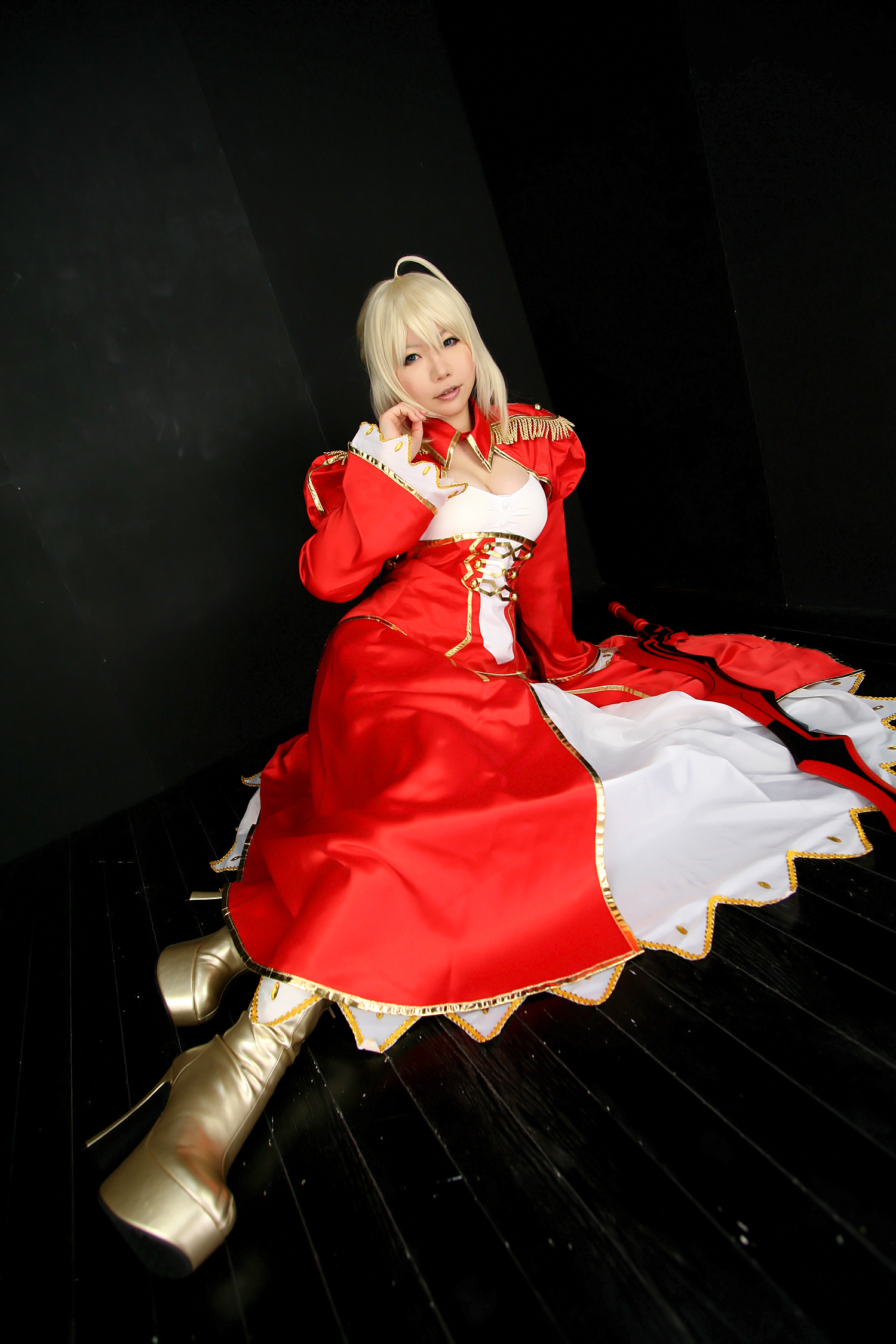 asian blonde_hair boots breasts cosplay dress female high_heels long_hair solo sword