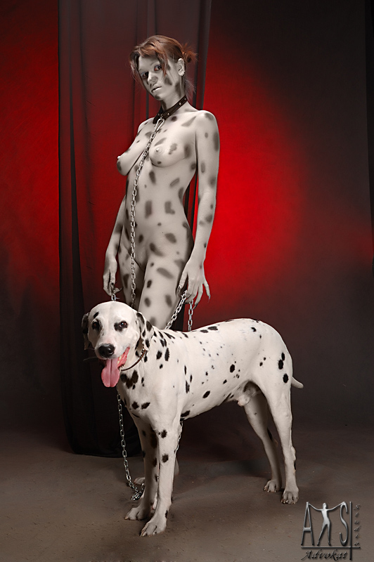 bodypaint breasts canine chains collar dalmatian female feral furries_with_pets looking_at_viewer male nipples nude pet pussy standing what