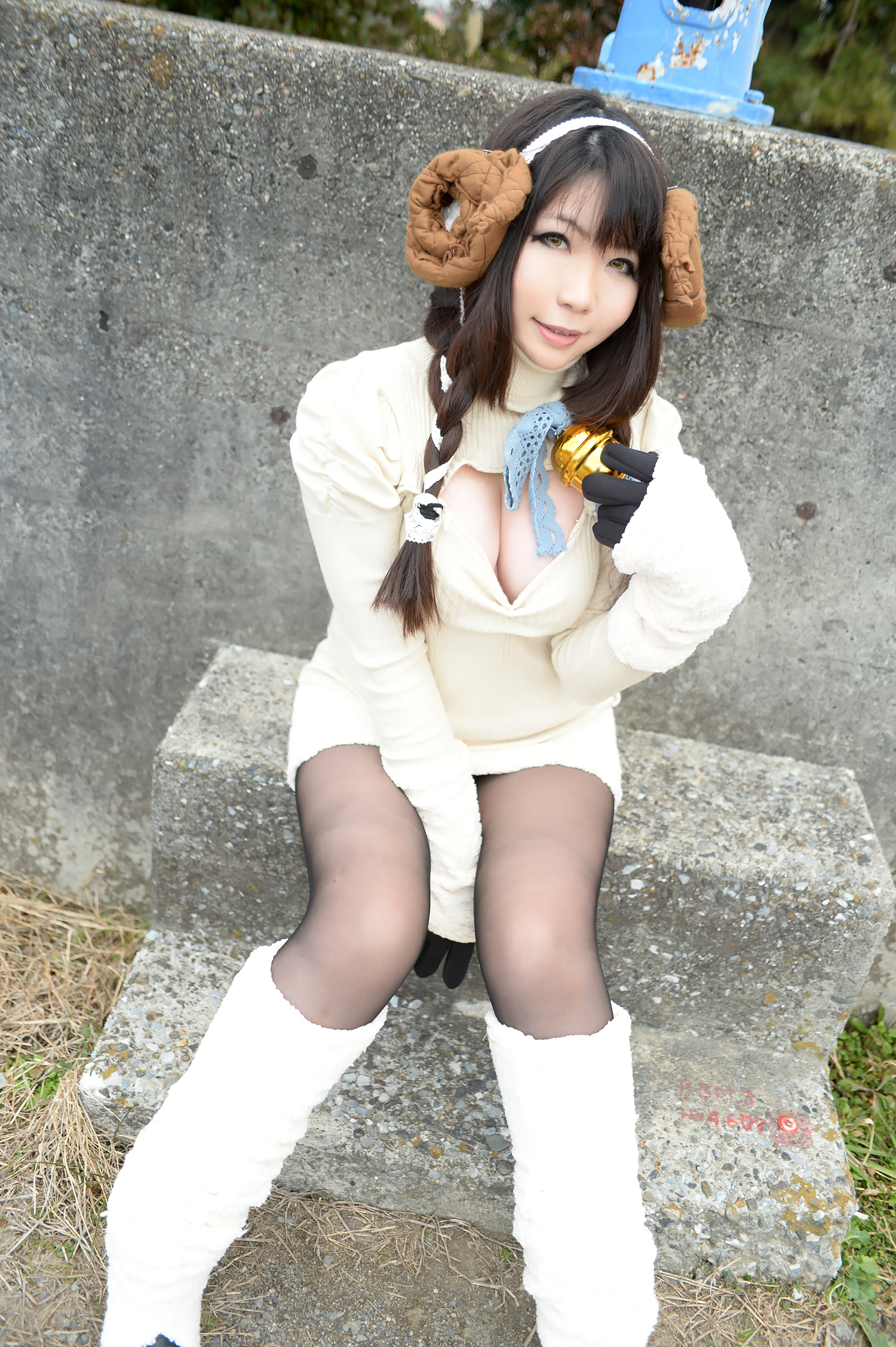 asian breasts brown_hair cosplay female horns long_hair shoes solo