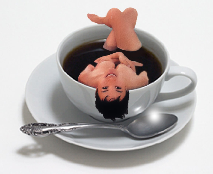asian black_hair coffee cup functionally_nude joan_chen looking_at_viewer micro minigirl photo photoshop