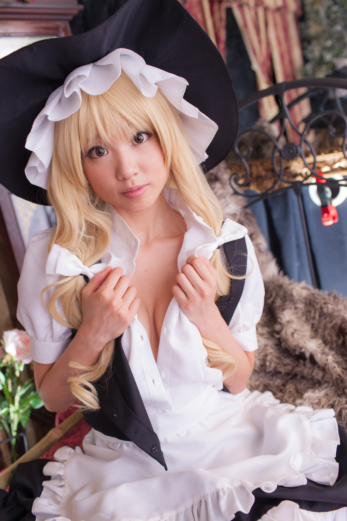 asian bed blonde_hair breasts cleavage cosplay dress female hat long_hair shoes socks solo