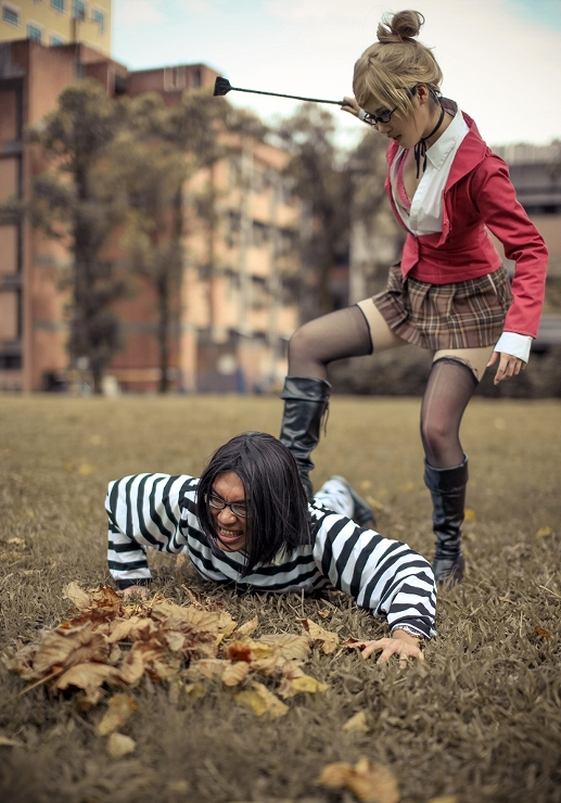 asian breasts cosplay female grey_hair large_breasts long_hair prison_school solo