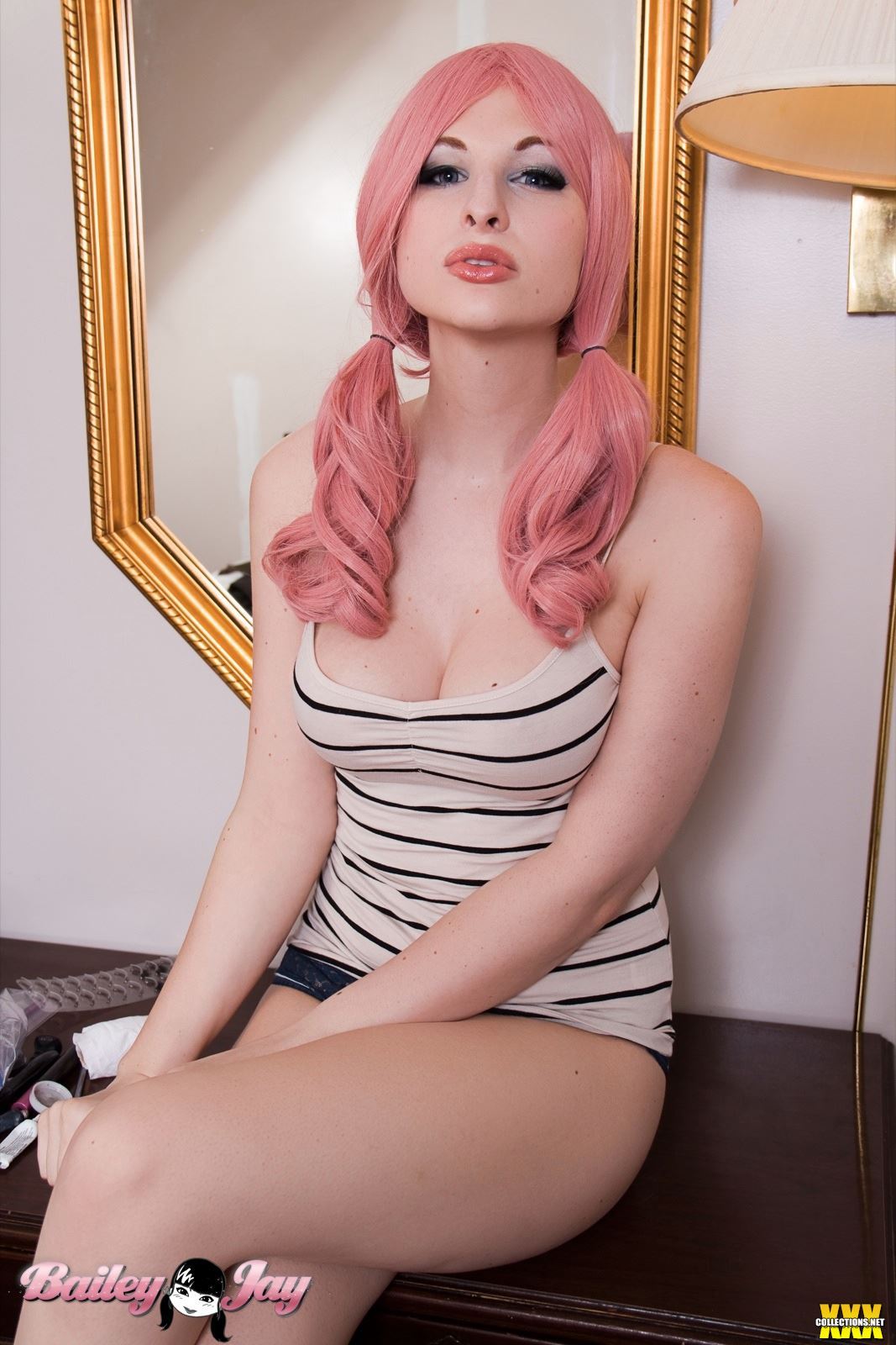 bailey_jay breasts lamp large_breasts long_hair mirror pigtails pink_hair shemale solo watermark