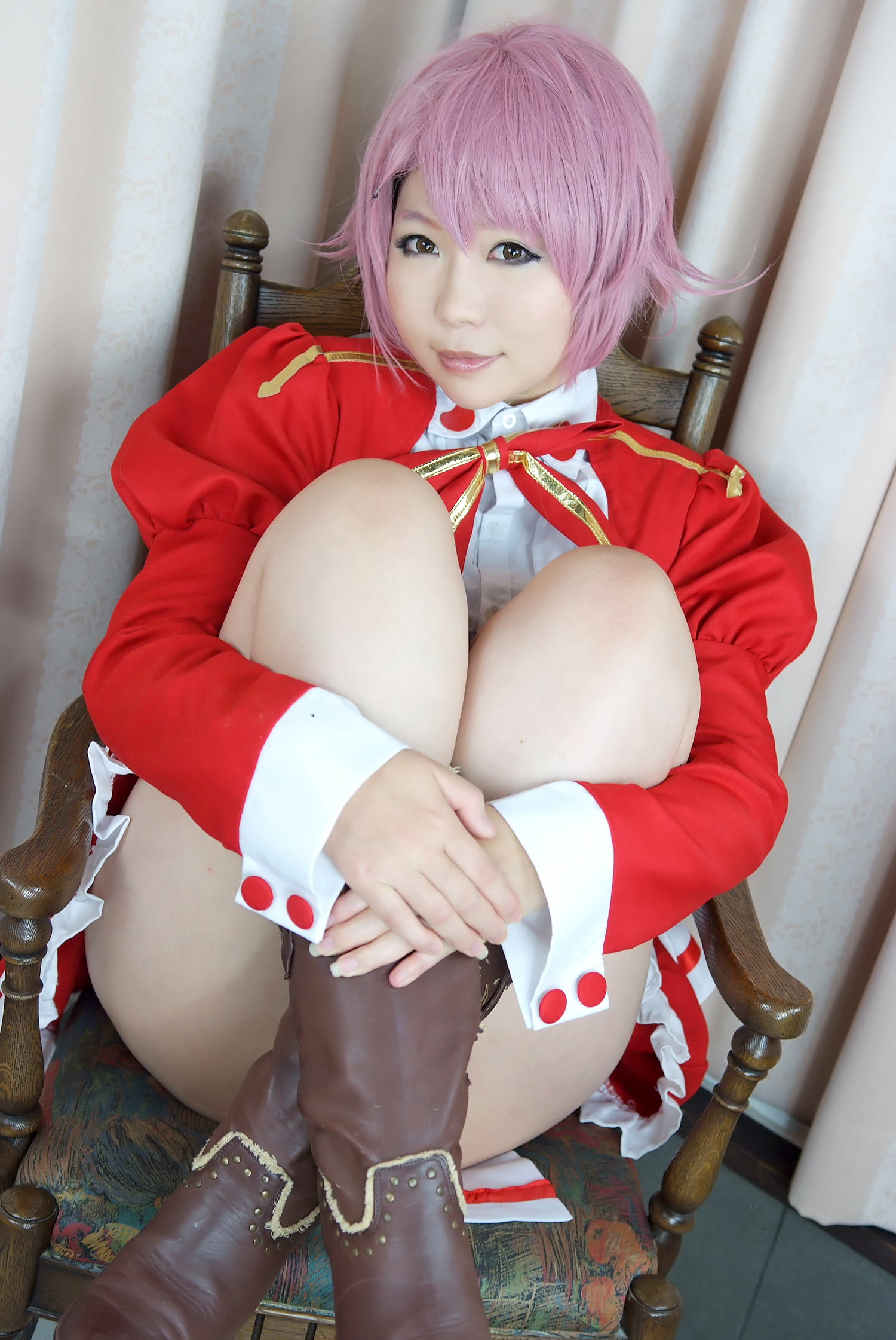 asian boots breasts cosplay dress female high_heels pink_hair short_hair solo