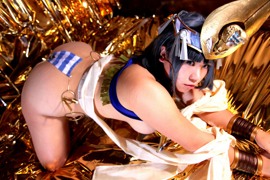 blue_hair breasts chouzuki_maryou cosplay female hat huge_breasts midriff navel short_hair solo watermark