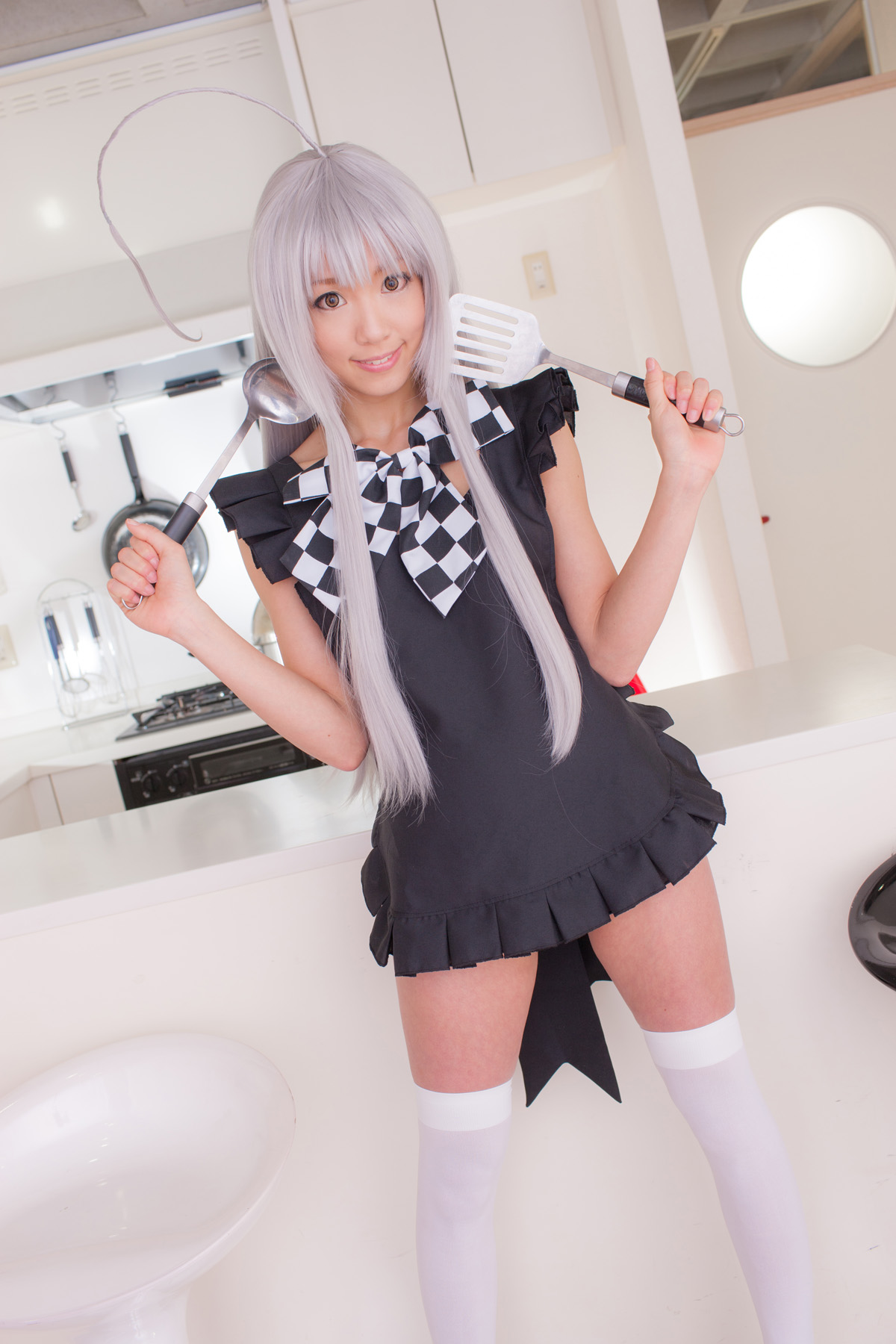 apron asian bra breasts cosplay female grey_hair high_heels long_hair panties shoes solo thighhighs