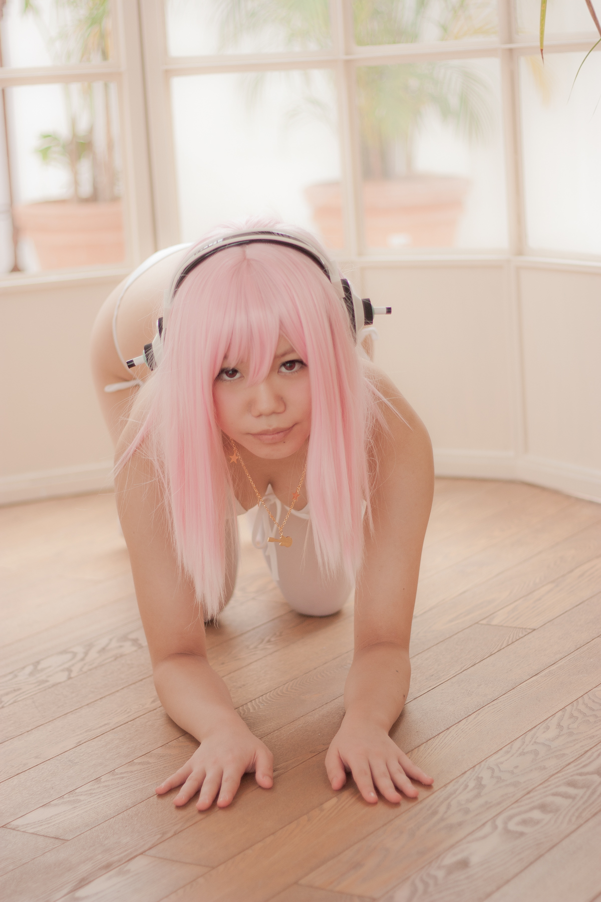 asian bikini breasts cosplay female headphones long_hair pink_hair solo