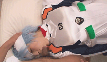 1girl animated asian bandage bed blue_hair bodysuit censored cosplay eyes_closed fellatio female gif hand_on_head lying namiki_yuu neon_genesis_evangelion on_back oral penis rei_ayanami source_request