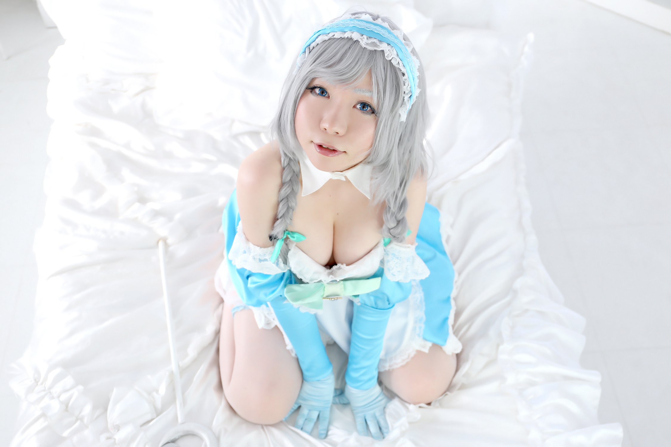 asian breasts cosplay dress female gloves gray_hair high_heels long_hair shoes solo thighhighs