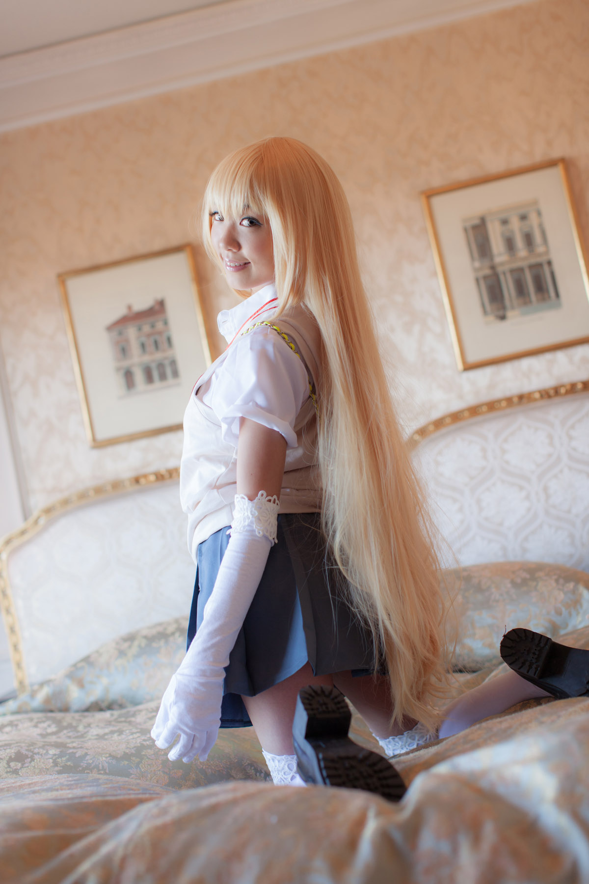 asian bed blonde_hair breasts cosplay female gloves handbag high_heels long_hair shoes skirt solo thighhighs