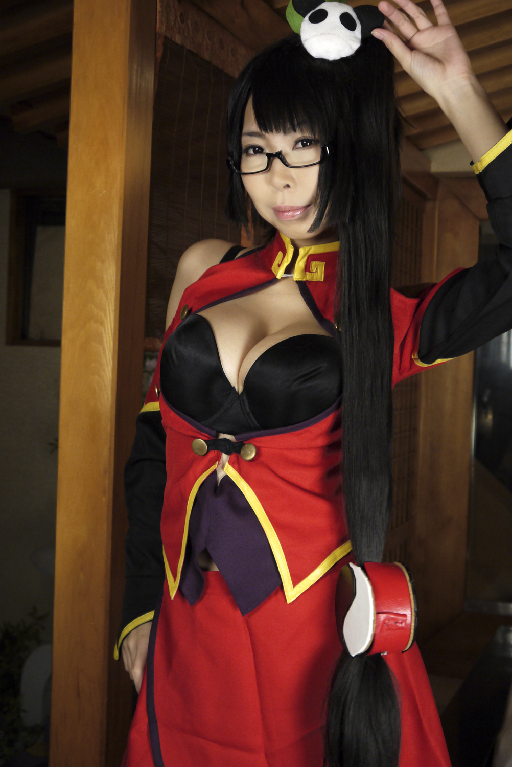 ashiya_noriko asian black_hair breasts cleavage female glasses high_heels large_breasts long_hair ponytail shoes solo