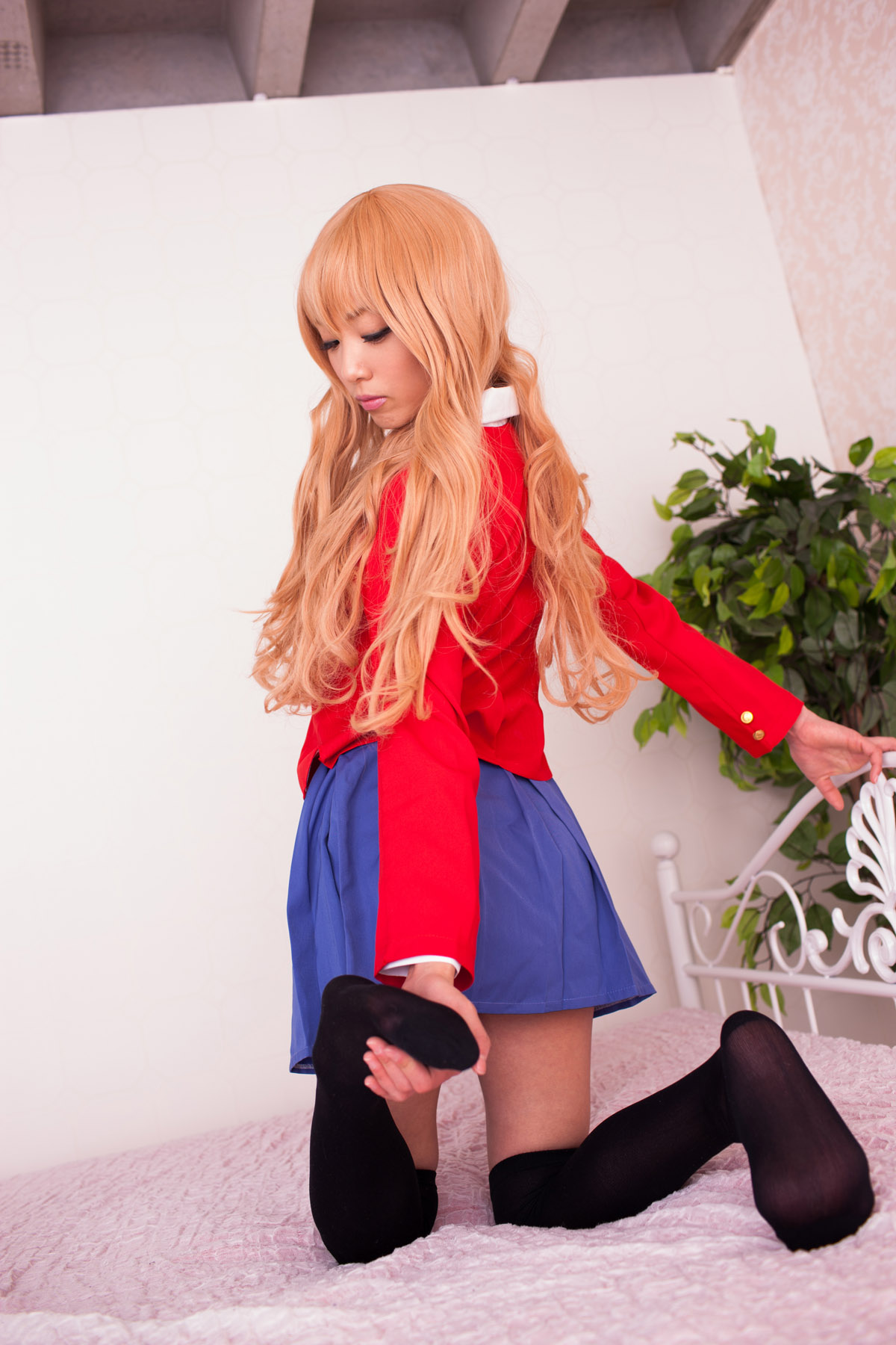 asian blonde_hair breasts cosplay female high_heels long_hair shoes skirt socks solo