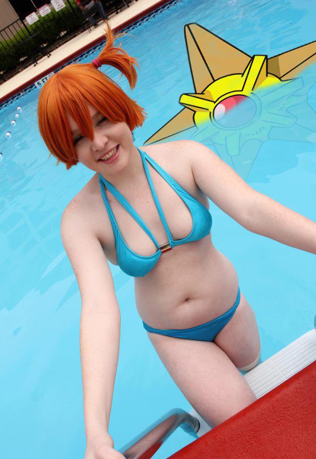 bikini breasts cosplay female foxycosplay long_hair misty_(pokemon) orange_hair pokemon pool solo tagme water