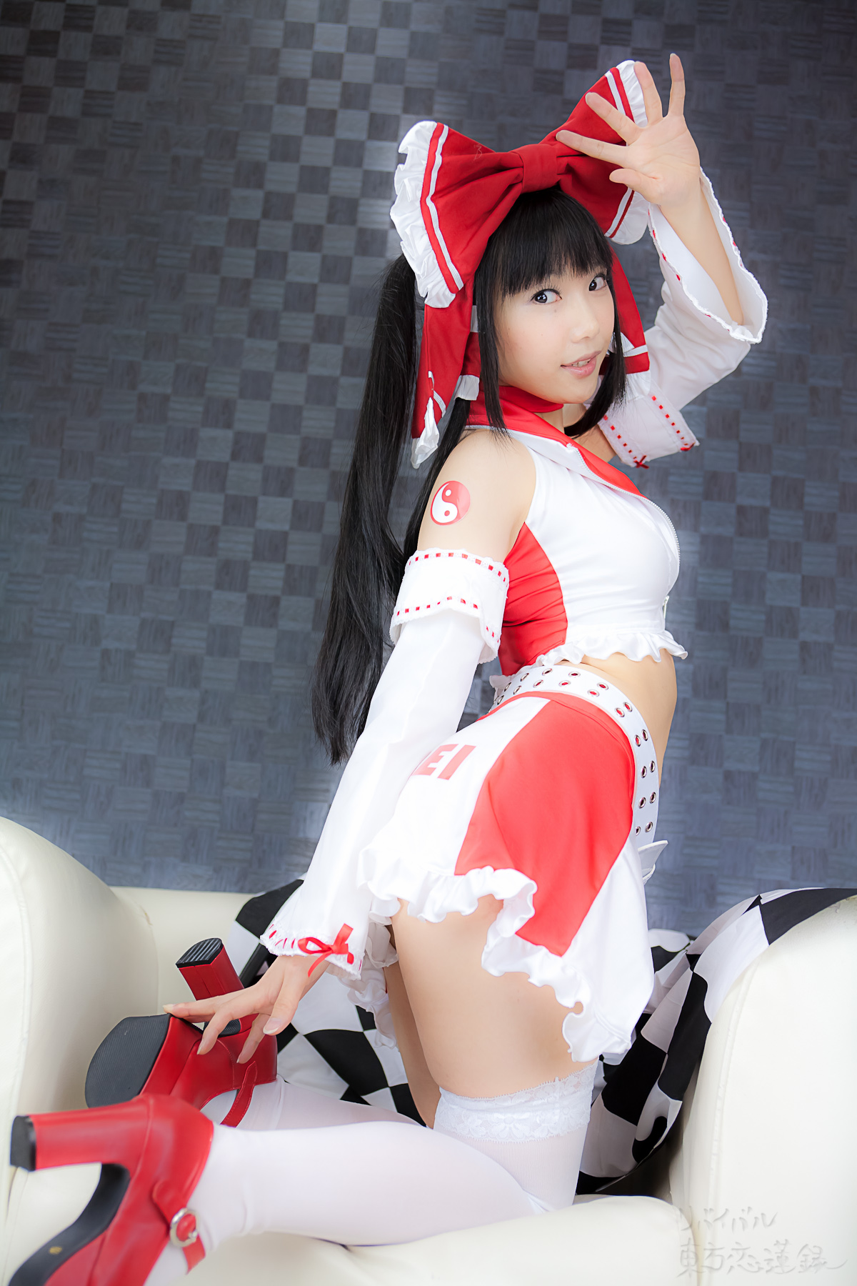 asian belt black_hair breasts cosplay female high_heels long_hair midriff shoes solo thighhighs