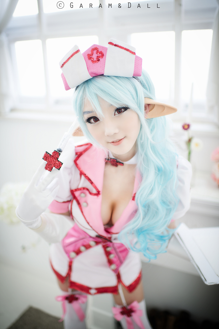 aqua_hair asian breasts cosplay elf female hat long_hair nurse solo watermark
