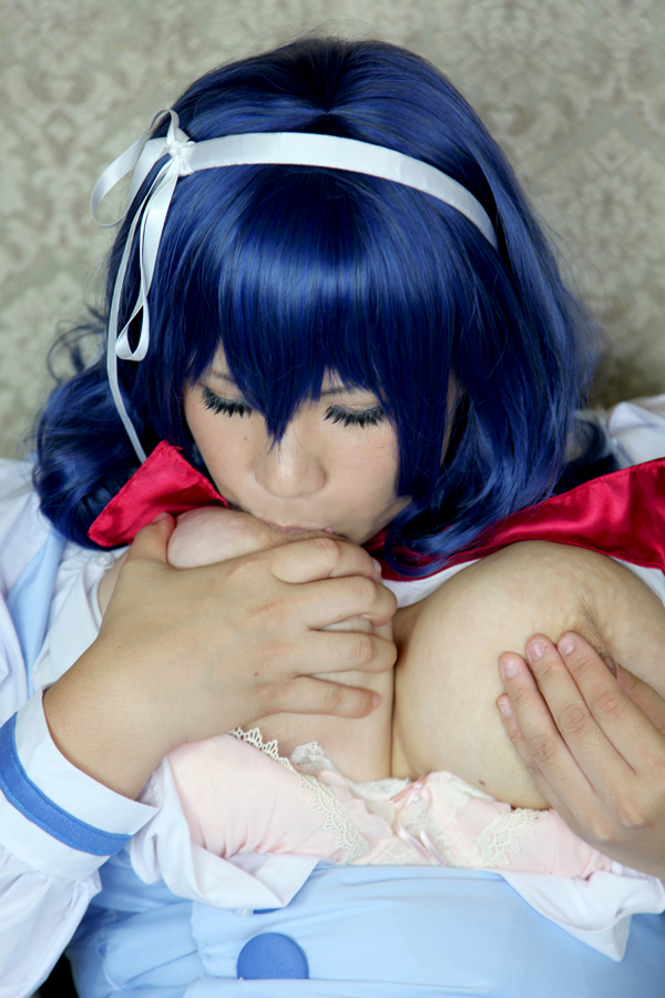 blue_hair breast_sucking breasts chouzuki_maryou cosplay large_breasts long_hair midriff nipples