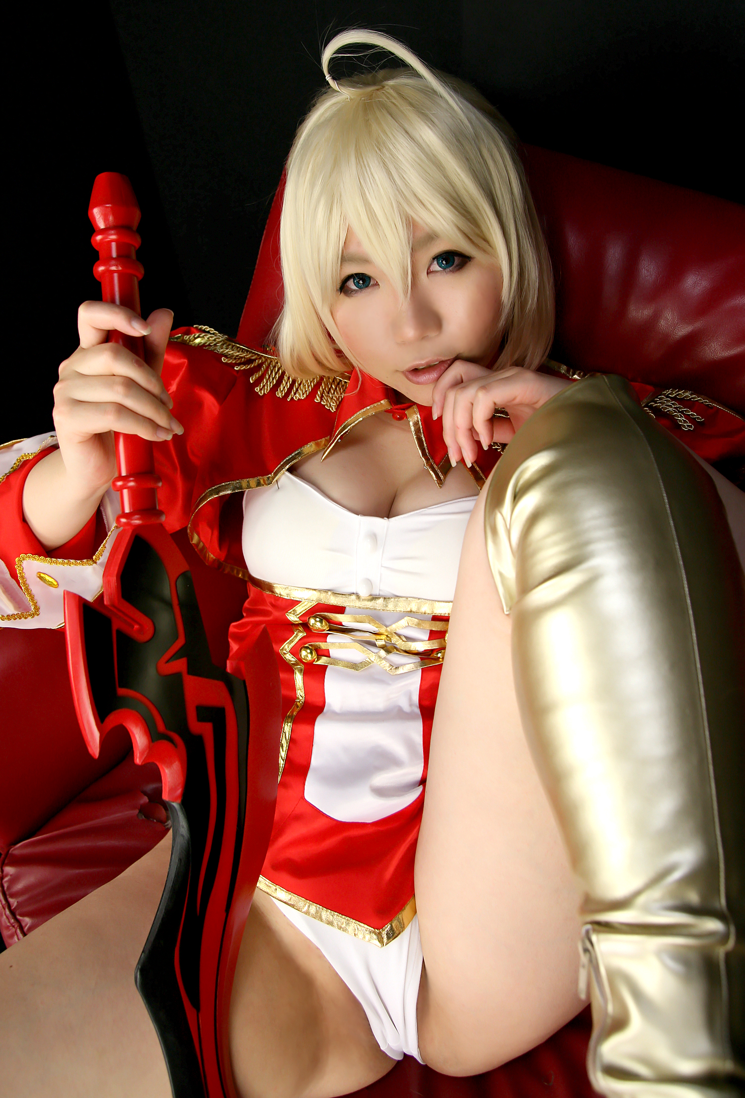 asian blonde_hair boots breasts cosplay dress female high_heels long_hair panties solo