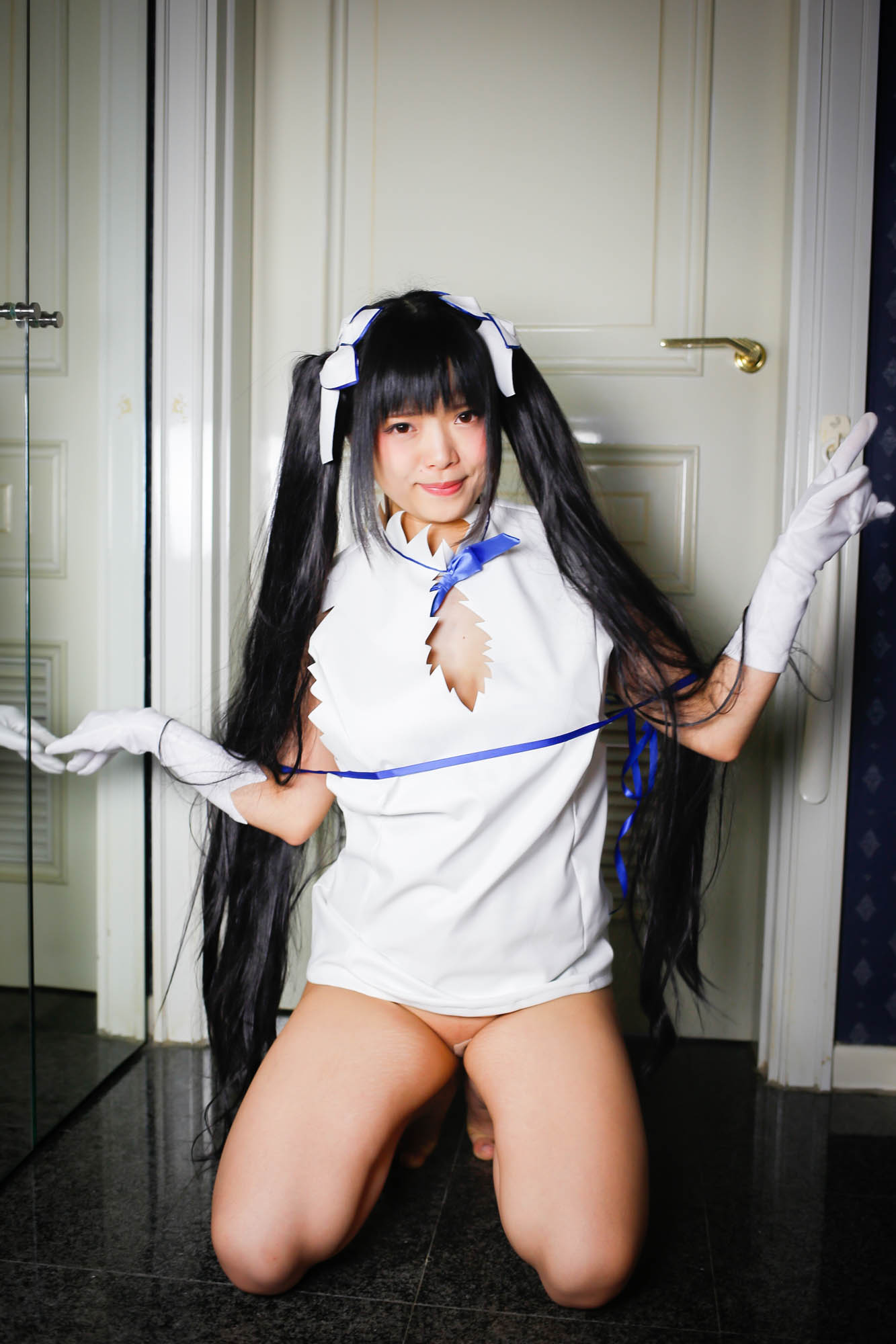 asian black_hair breasts cosplay female long_hair pigtails solo