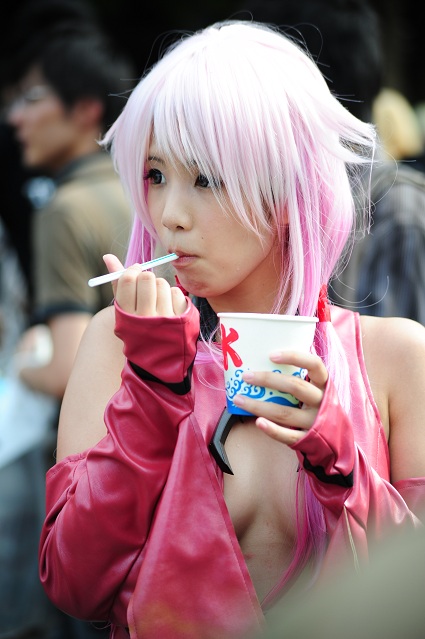 1girl asian breasts cleavage cosplay female guilty_crown long_hair pink_hair solo yuzuriha_inori