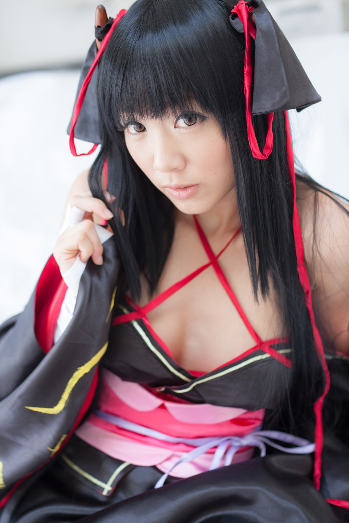 asian bare_shoulders black_hair breasts cosplay dress female long_hair shoes socks solo