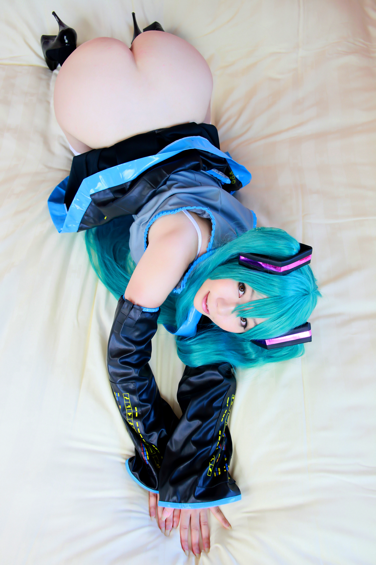 asian blue_hair breasts female long_hair necktie panties rin_higurashi skirt solo thighhighs twintails