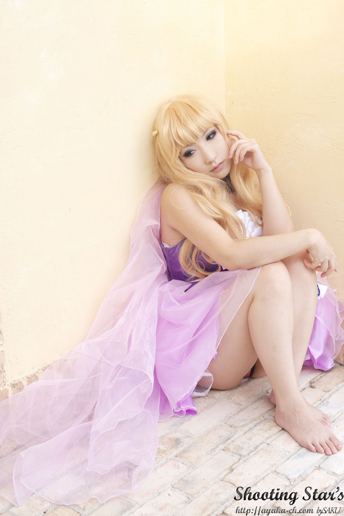 asian barefoot blonde_hair breasts collar cosplay dress female long_hair shooting_star solo watermark