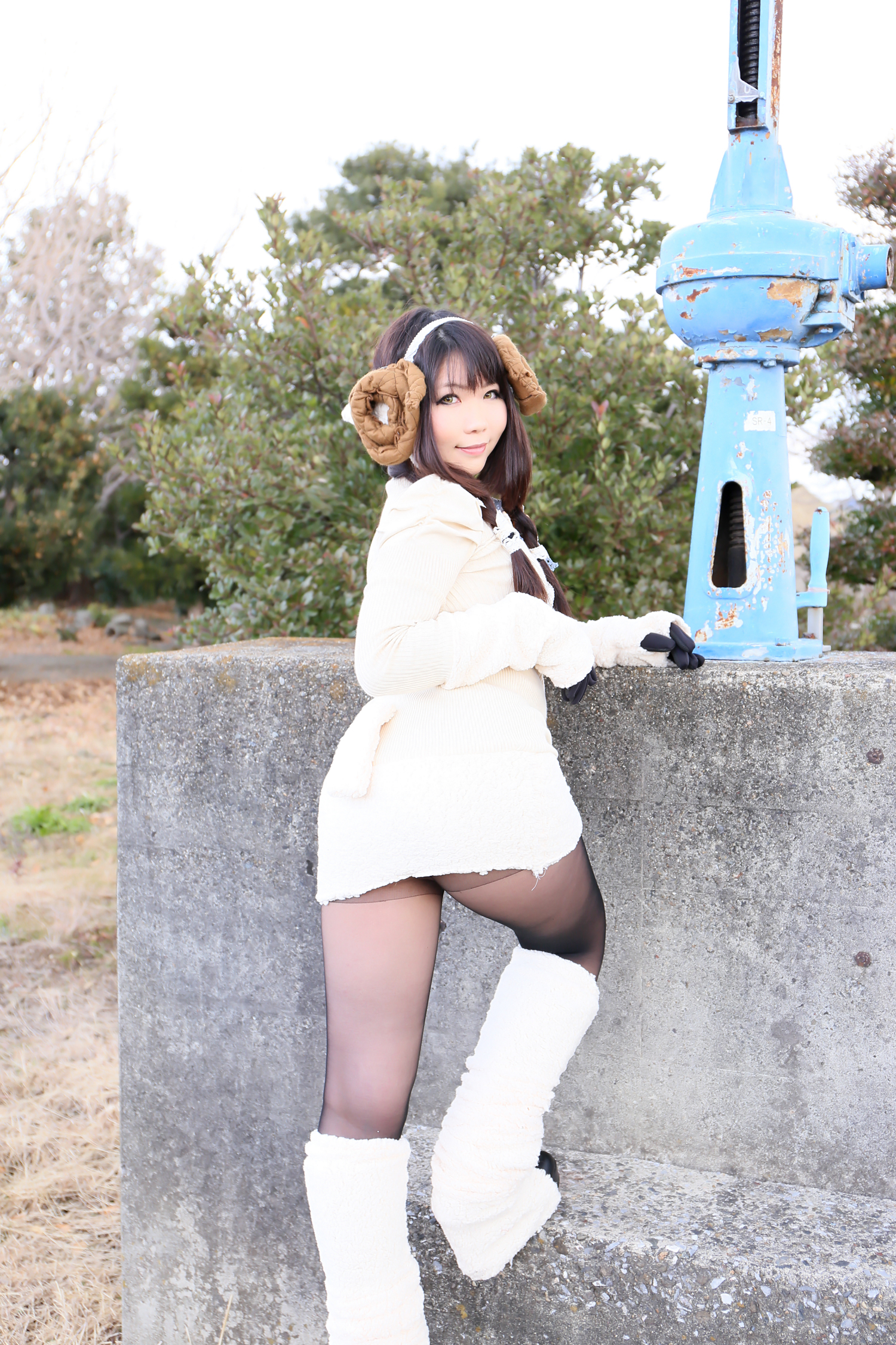 asian breasts brown_hair cosplay female horns long_hair shoes solo