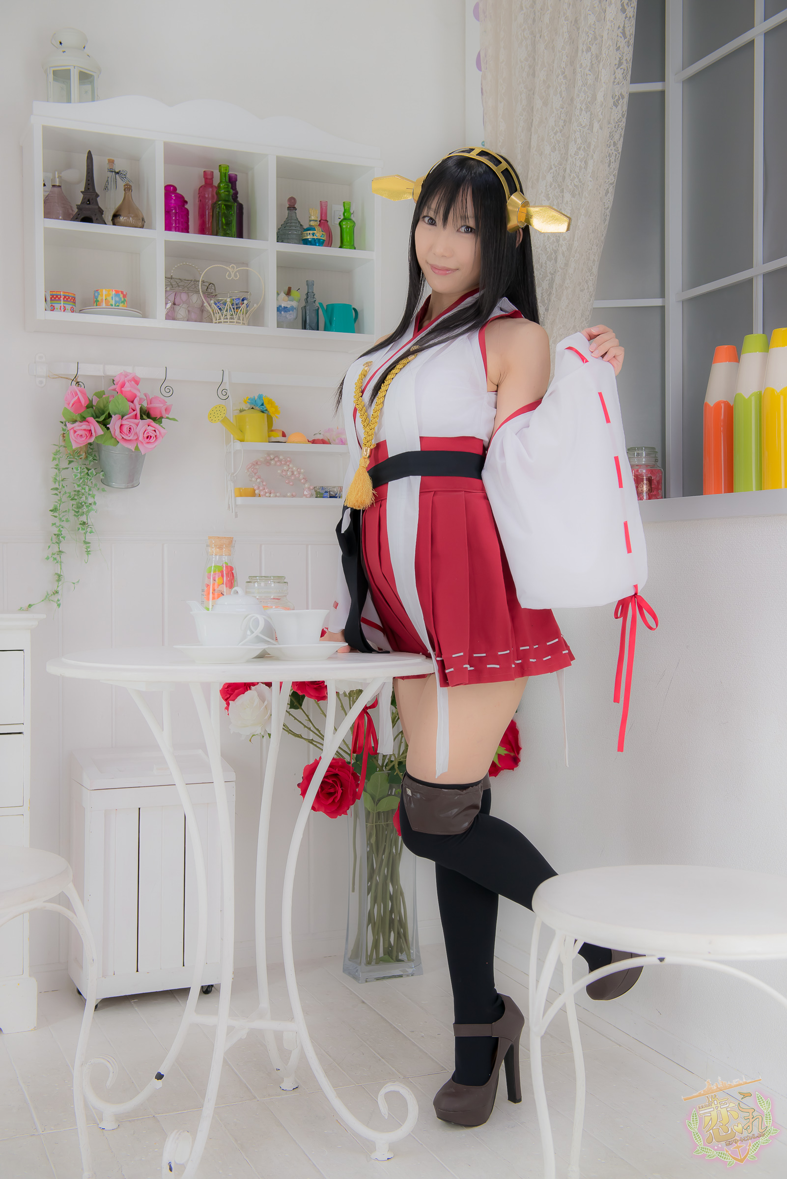 1girl asian black_hair breasts cosplay female haruna_(kantai_collection) high_heels japanese kantai_collection lenfried long_hair shoes solo thighhighs thighs