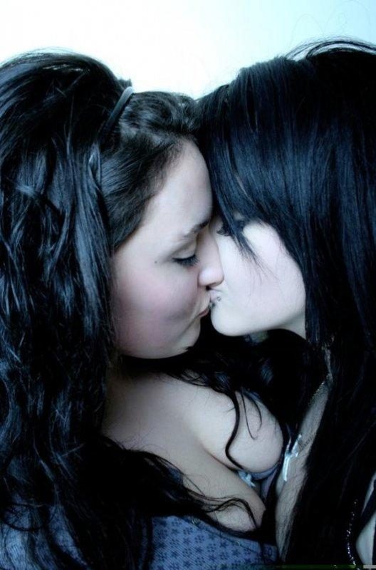 2girls black_hair breasts brunette closed_eyes emo eyelashes female female_only hair hairband human kissing lesbian long_hair multiple_girls necklace photo piercing real_person teen young