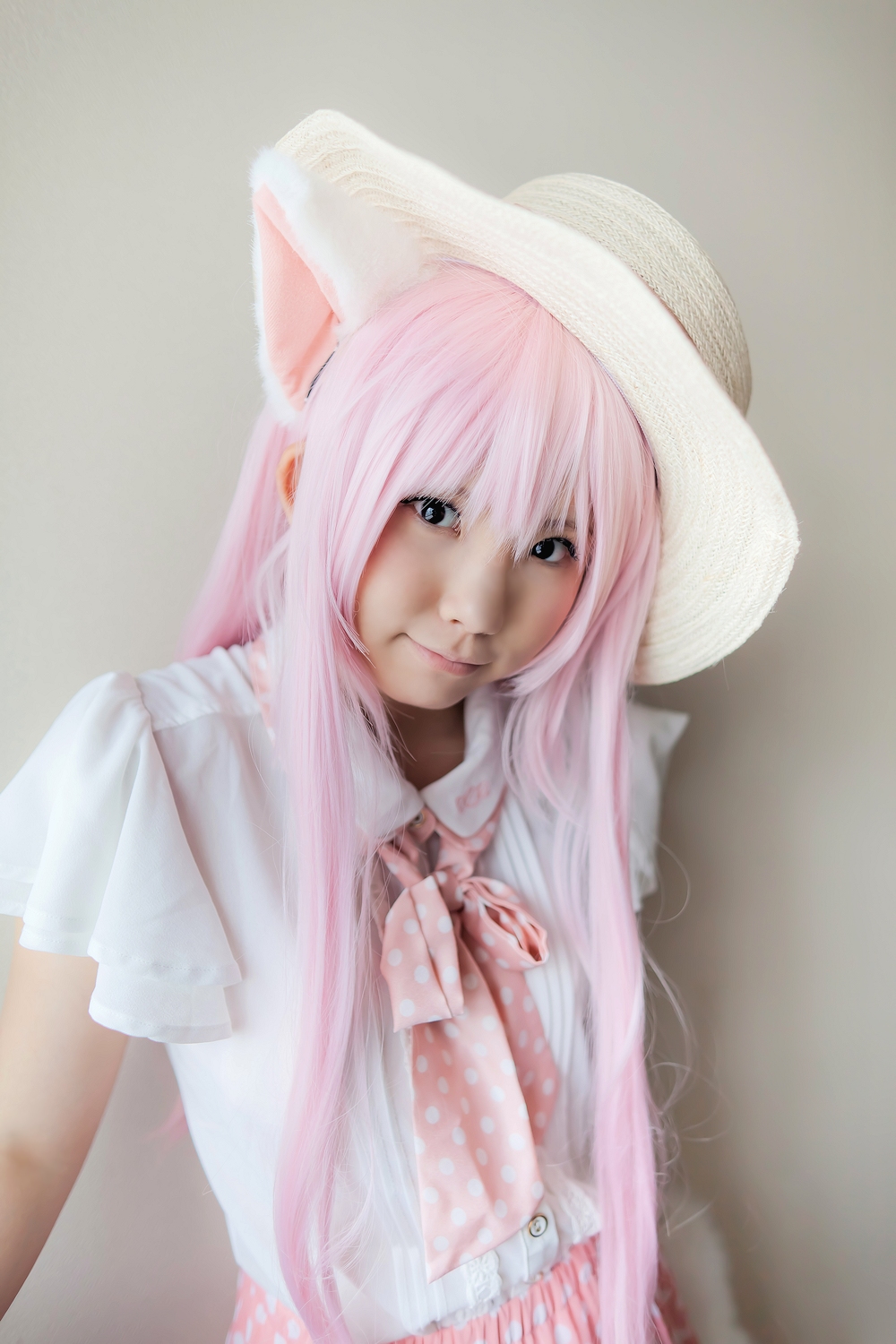 animal_ears asian breasts cosplay enako female long_hair pink_hair solo