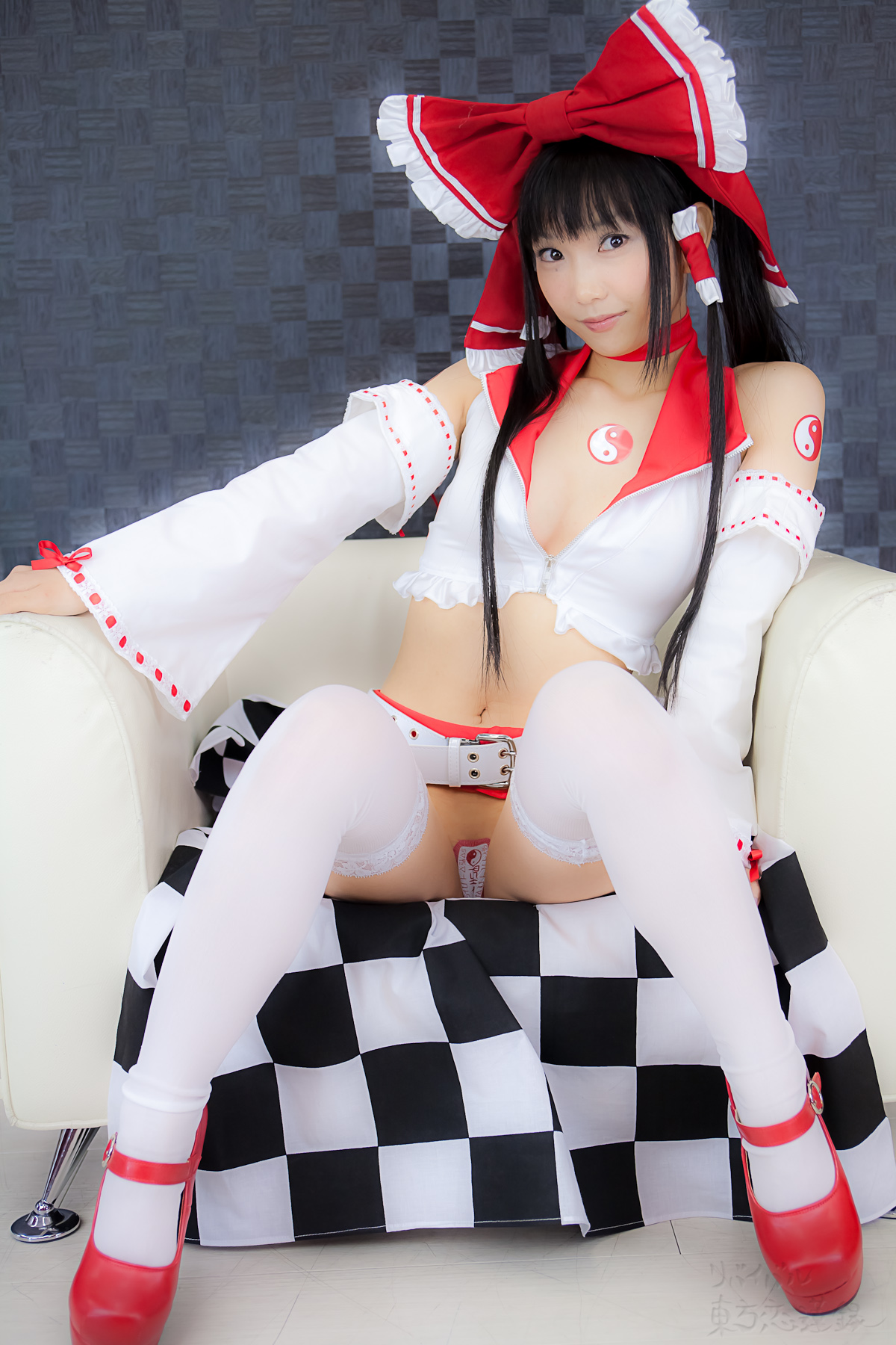 asian belt black_hair breasts cosplay female high_heels long_hair midriff shoes solo thighhighs