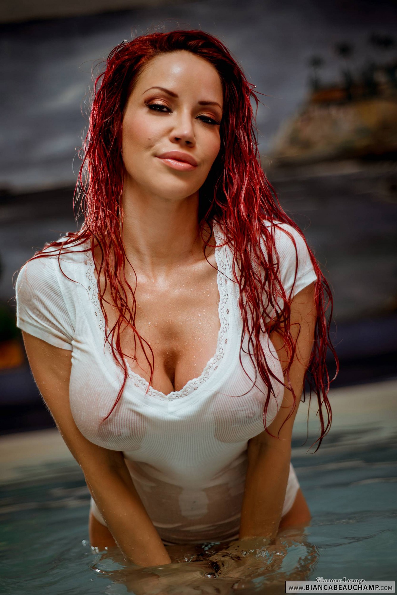 bianca_beauchamp breasts cleavage erect_nipples female large_breasts long_hair nipples panties red_hair see-through shirt solo water watermark wet