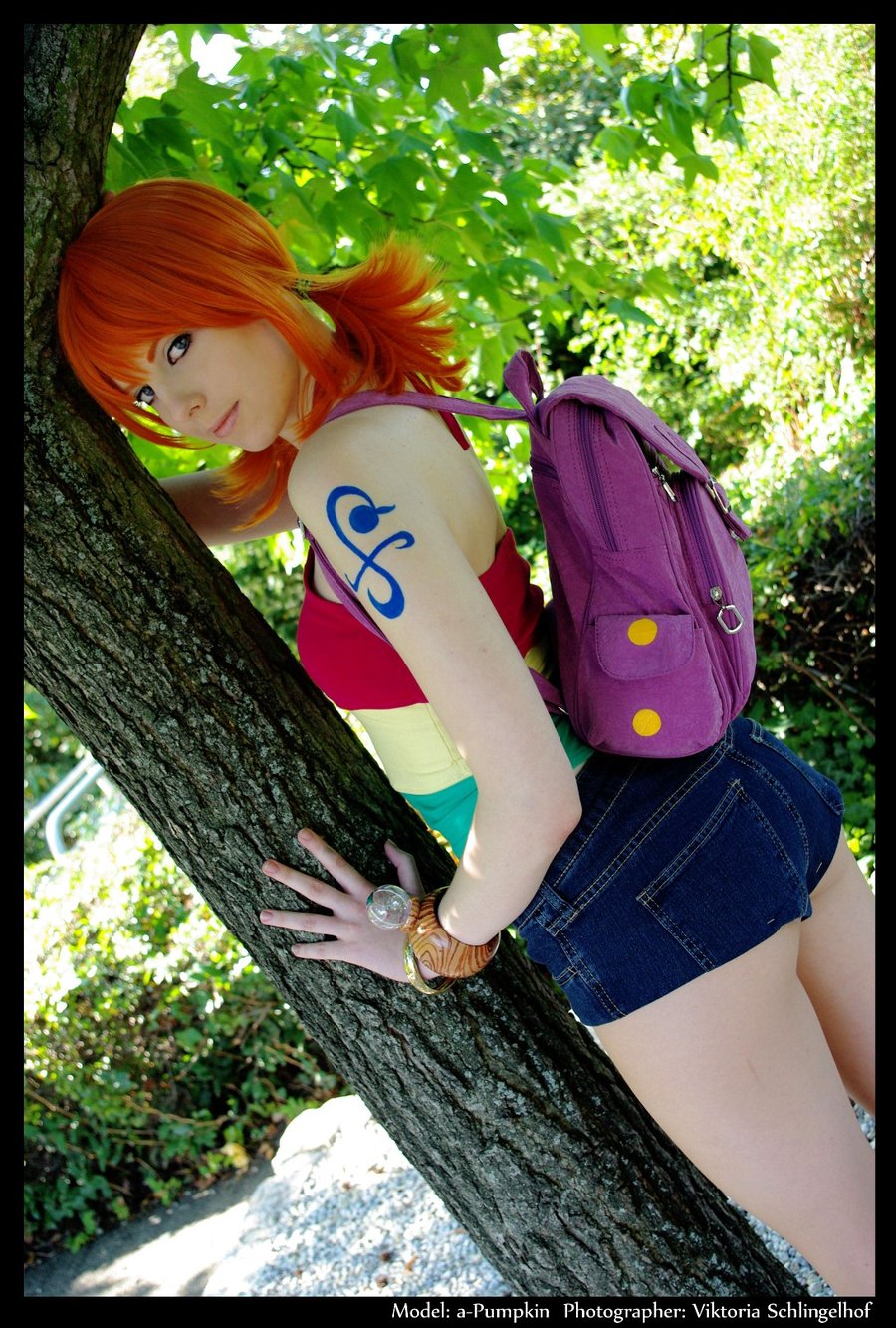 1girl a-pumpkin ass breasts cosplay female long_hair looking_back nami_(one_piece) one_piece orange_hair outside solo