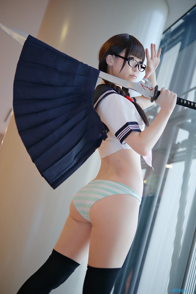 asian ass black_hair breasts cosplay female glasses haruka long_hair looking_back solo