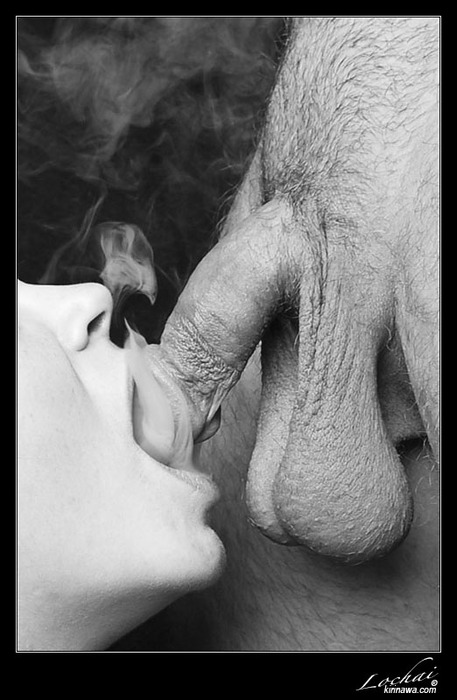 fellatio female open_mouth oral penis photo smoking testicles
