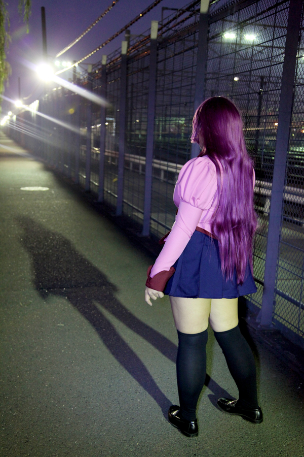 asian ass breasts chouzuki_maryou cosplay female huge_ass huge_breasts long_hair looking_back necktie outside purple_hair skirt socks solo