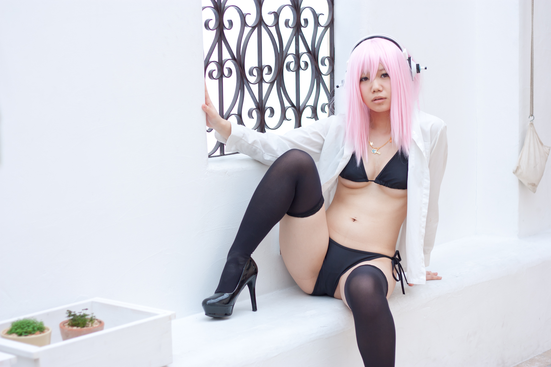 asian bikini breasts cosplay female headphones long_hair pink_hair solo